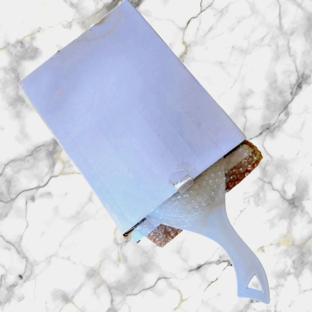 Oversized Vanity Mirror New in Box Contoured Handle White Plastic Frame
